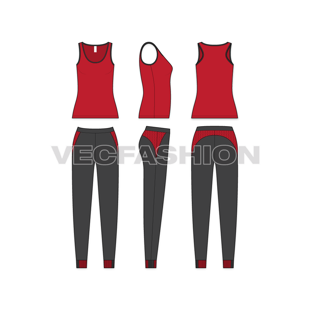 A vector template for Women's Running Tracksuit. It has long length Racerback Tank top and Lycra Leggings. There are contrast coloured detailing like, mesh panels and binding. 