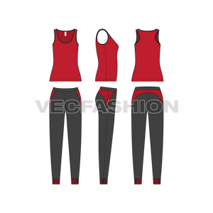 A vector template for Women's Running Tracksuit. It has long length Racerback Tank top and Lycra Leggings. There are contrast coloured detailing like, mesh panels and binding. 