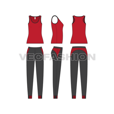 A vector template for Women's Running Tracksuit. It has long length Racerback Tank top and Lycra Leggings. There are contrast coloured detailing like, mesh panels and binding. 