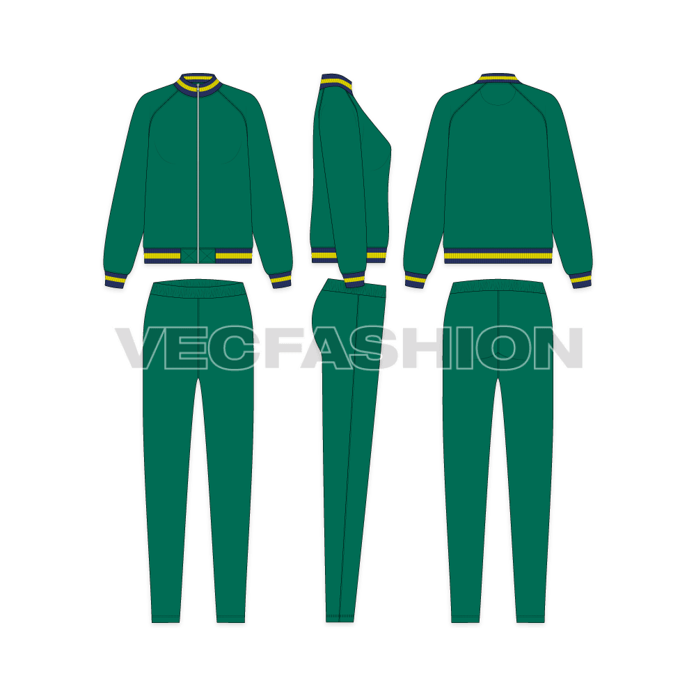 An editable vector template for Women's Running Tracksuit. It has a red jacket with two striped neck, cuff and bottom hem rib with fitted joggers. 