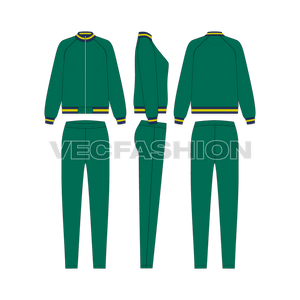 An editable vector template for Women's Running Tracksuit. It has a red jacket with two striped neck, cuff and bottom hem rib with fitted joggers. 