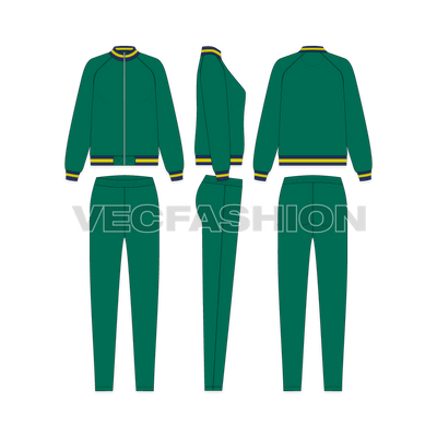 Womens running tracksuit, red flat sketch, showing all views, front, side and back