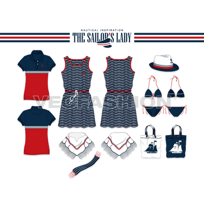 This Vector Fashion Set ‘The Sailor’s Lady’ inspired from Nautical Theme. A set that is consist of items that are essential while Sailing the Ocean. This Fashion Set is a Mini Collection Concept, we can get you a complete collection on similar theme through our Custom Design Services!