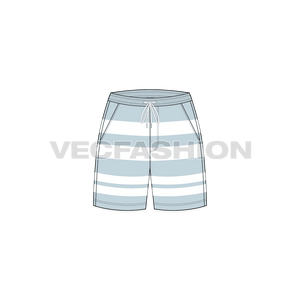 A vector fashion sketch for Women's Sailing Shorts. It has a striped fabric with side pockets and elasticated waistband. The length comes till knee level. 