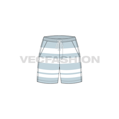 A vector fashion sketch for Women's Sailing Shorts. It has a striped fabric with side pockets and elasticated waistband. The length comes till knee level. 