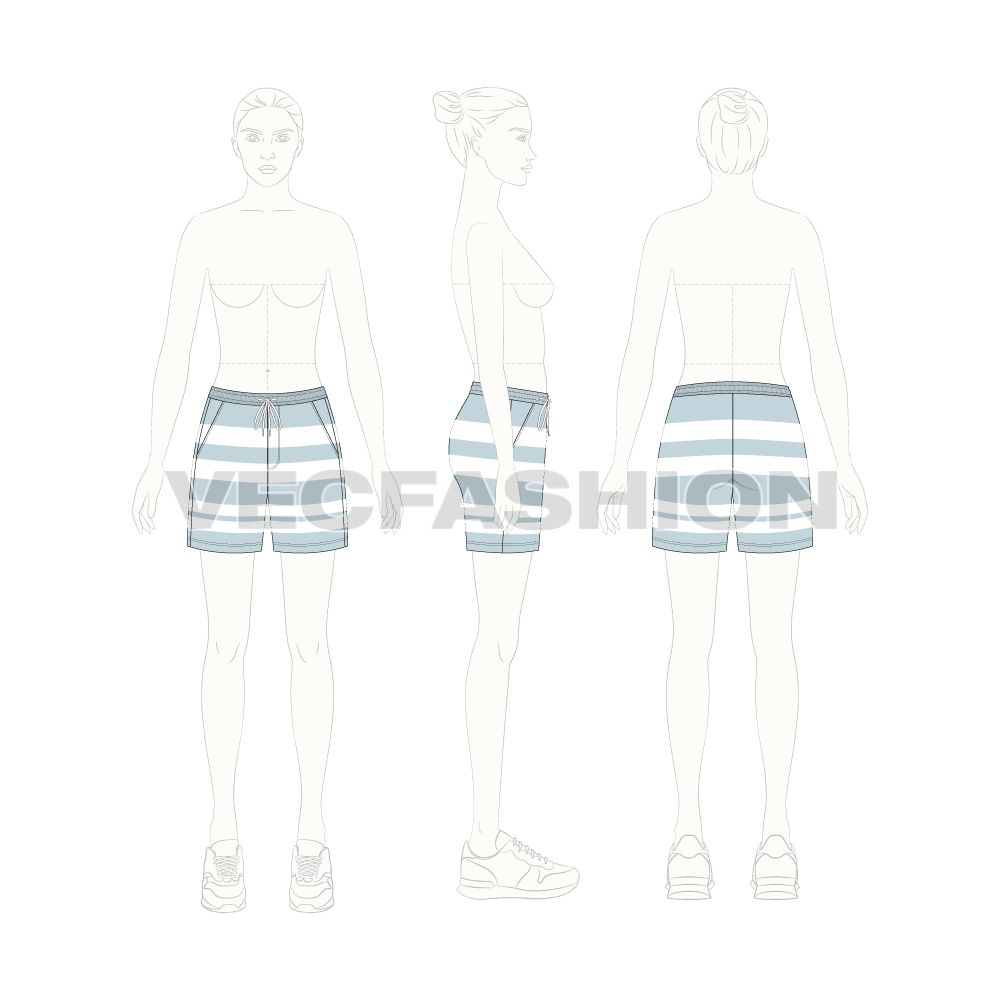 Womens sailing shorts flat sketch, croqui sketch