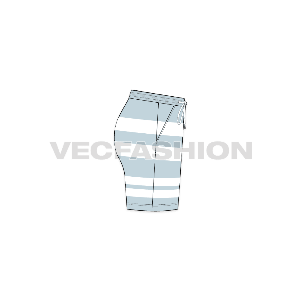 A vector fashion sketch for Women's Sailing Shorts. It has a striped fabric with side pockets and elasticated waistband. The length comes till knee level. 