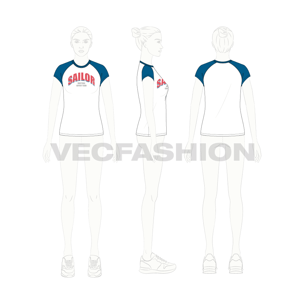 Womens sailing t-shirt flat sketch, croqui sketch