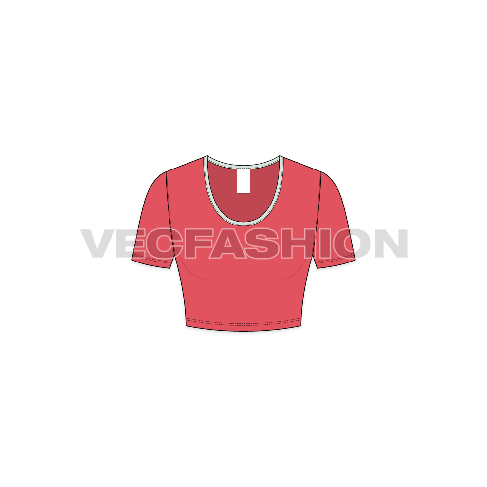 Womens scoop neck crop tee flat sketch, front view