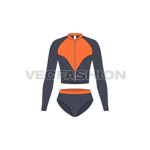 A vector fashion flat for Womens Scuba Diving Swimsuit. It has a long sleeved compression top with contrast panels on chest with water proof zipper on front. The shorts have the contrast waistband for visibility from distance.