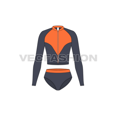 A vector fashion flat for Womens Scuba Diving Swimsuit. It has a long sleeved compression top with contrast panels on chest with water proof zipper on front. The shorts have the contrast waistband for visibility from distance.