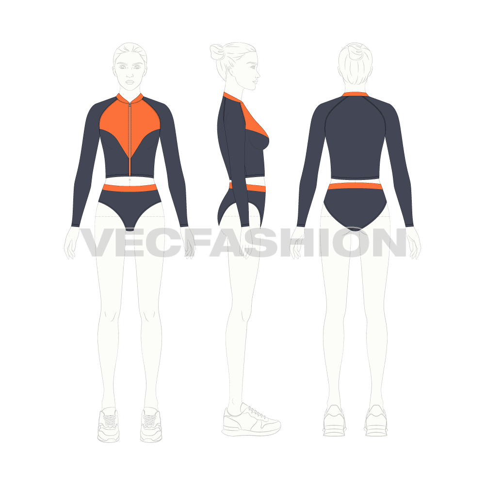 Womens scuba diving swimsuit flat sketch, croqui sketch