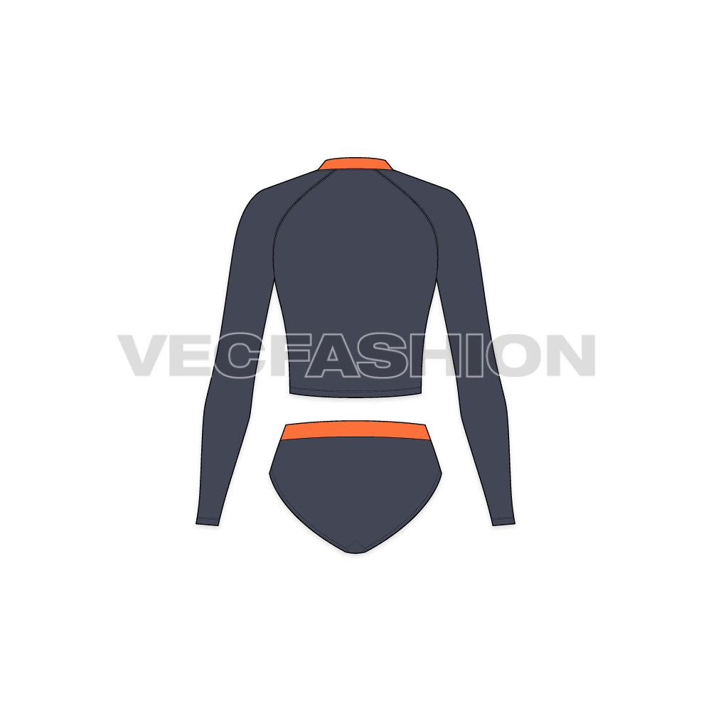 A vector fashion flat for Womens Scuba Diving Swimsuit. It has a long sleeved compression top with contrast panels on chest with water proof zipper on front. The shorts have the contrast waistband for visibility from distance.