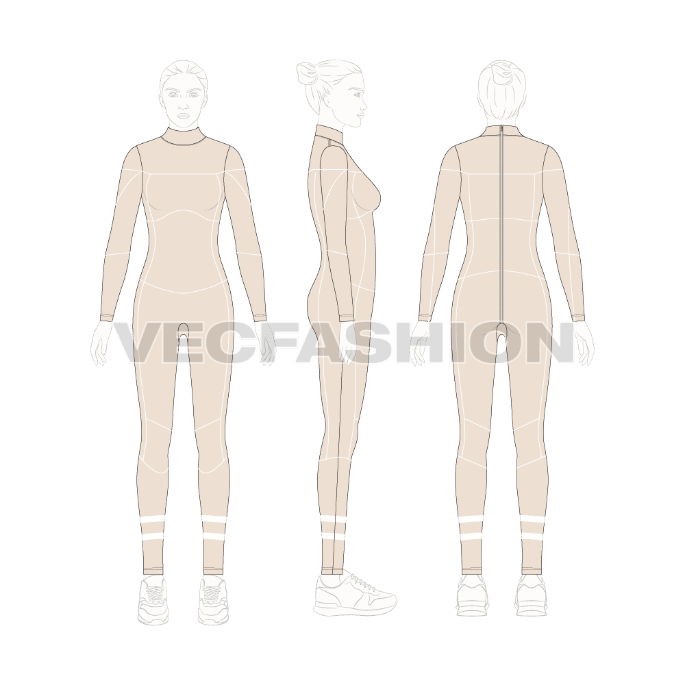 Womens scuba swimsuit flat sketch, on croqui