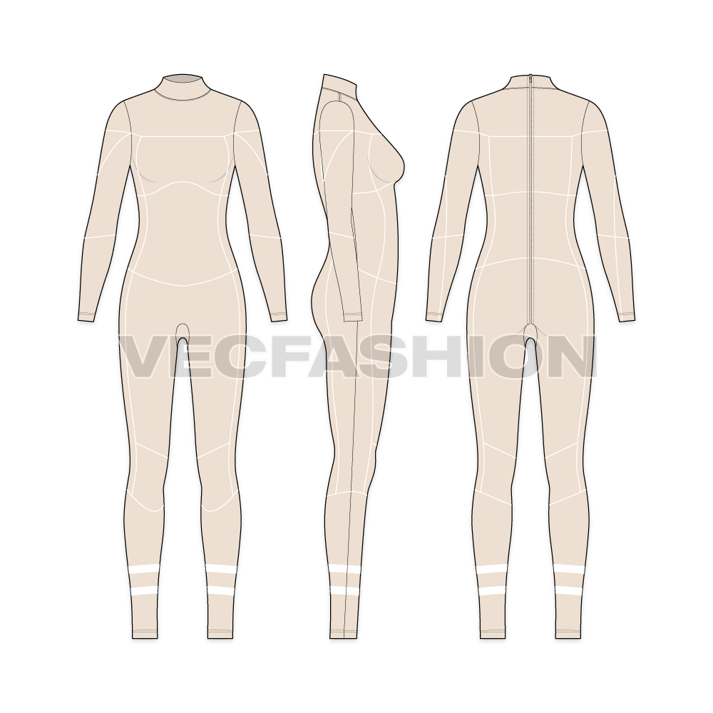 Womens scuba swimsuit flat sketch, showing all views, front, side and back
