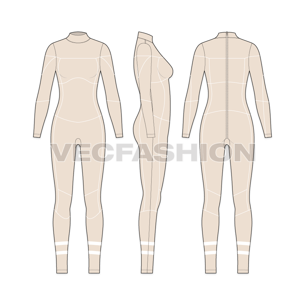 A vector template set of Women's Swim Suit. It secure seam panels on front, back and side view. This suit can be worn for many water related activities like, scuba diving, swimming, surfing etc.