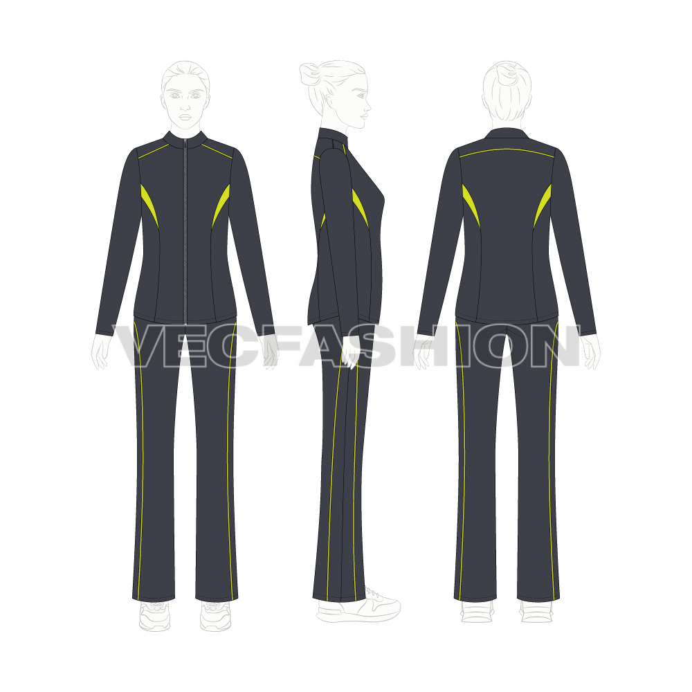 Women's Set of Running Jacket and Pants vector flat sketch on women croqui 