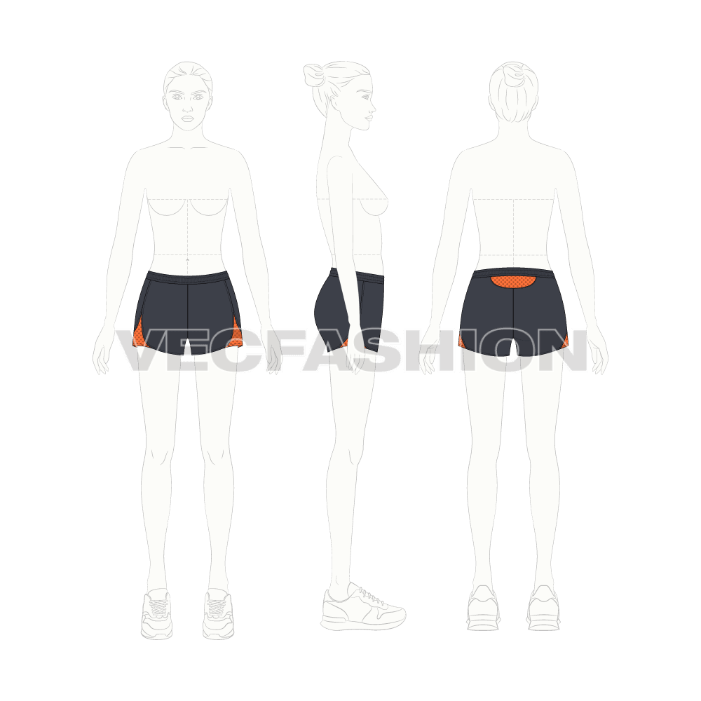 Womens shell sport shorts flat sketch, croqui sketch
