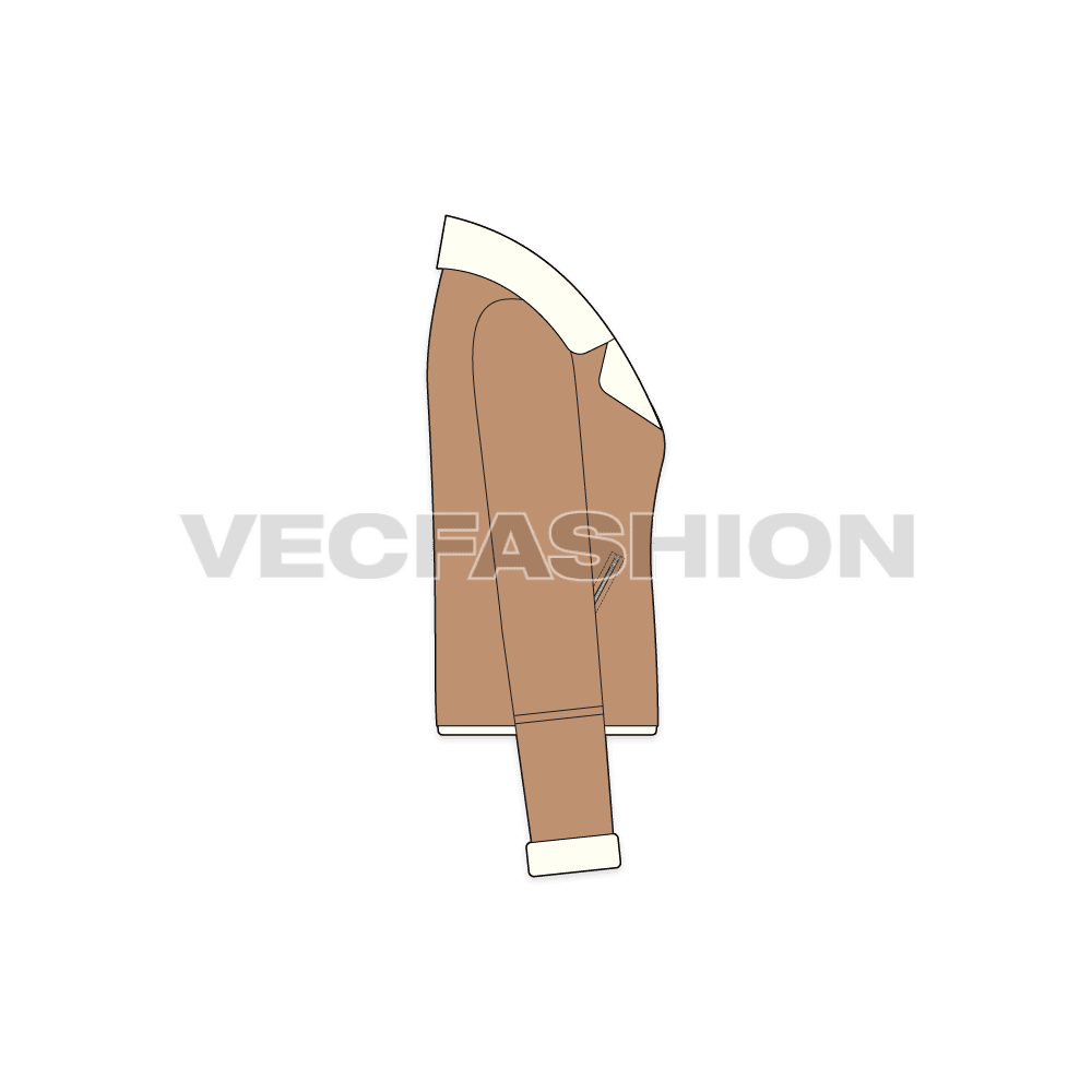 A vector illustrator template for Women's Sherpa Fleece Leather Jacket. It has sherpa fleece collar and lining and on cuffs as well. 
