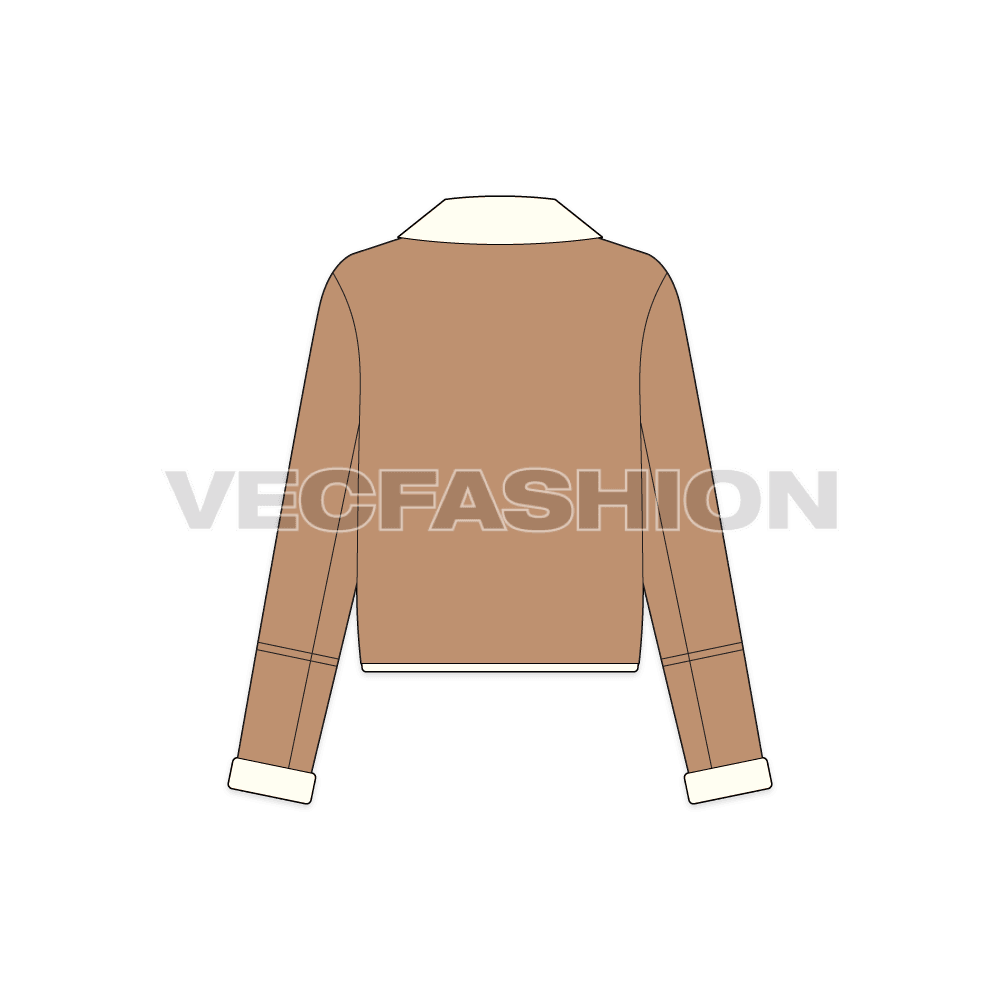 A vector illustrator template for Women's Sherpa Fleece Leather Jacket. It has sherpa fleece collar and lining and on cuffs as well. 
