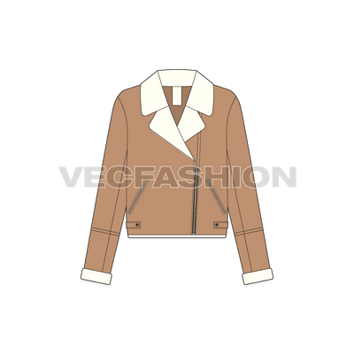 A vector illustrator template for Women's Sherpa Fleece Leather Jacket. It has sherpa fleece collar and lining and on cuffs as well. 