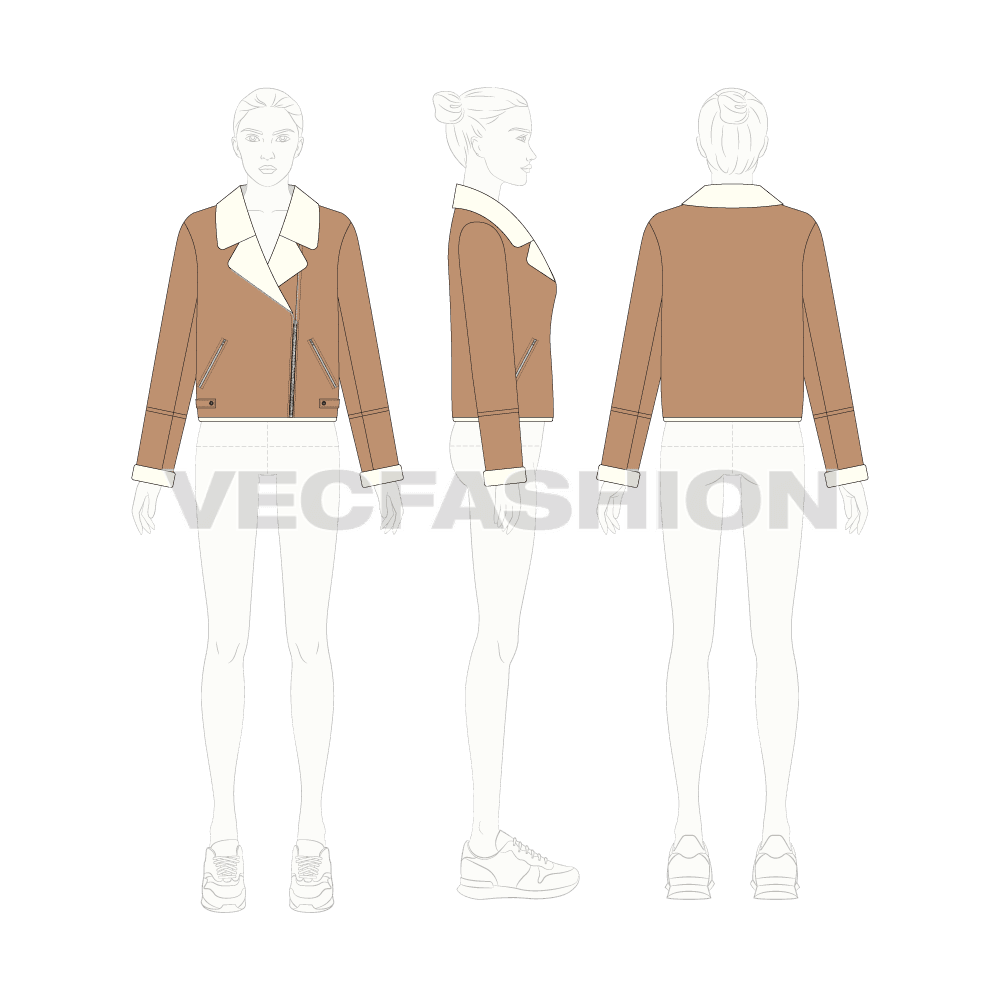 Women's Sherpa Fleece Leather Jacket flat sketch, croqui sketch