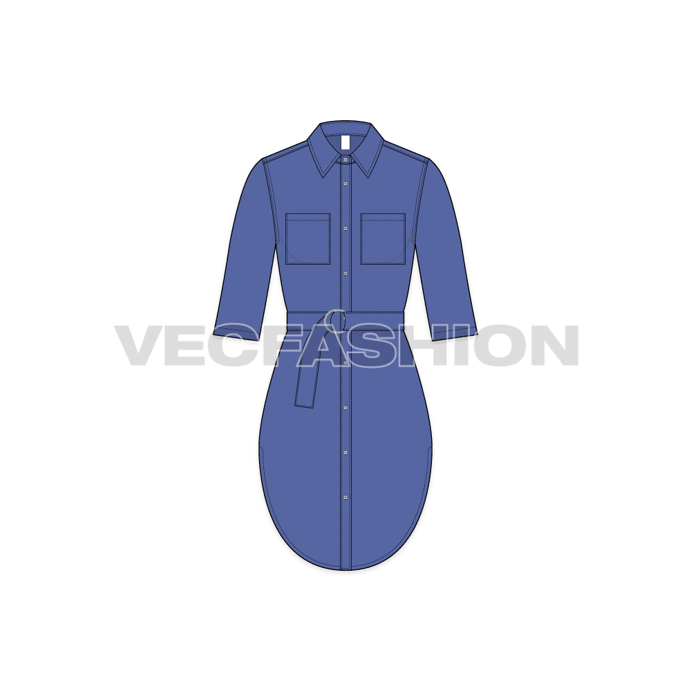 Womens shirt dress with belt flat sketch, front view