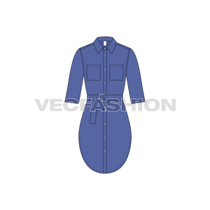 A vector fashion template for Women's Shirt Dress with Belt. It has two pockets on chest, a functional belt on waist with three quarter sleeves.