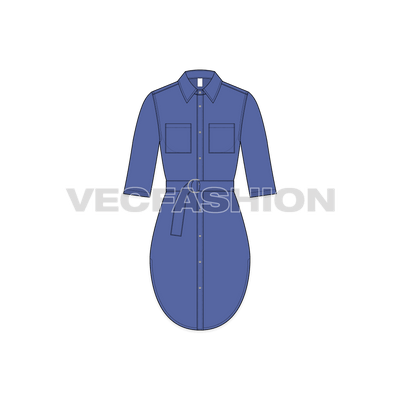 A vector fashion template for Women's Shirt Dress with Belt. It has two pockets on chest, a functional belt on waist with three quarter sleeves.