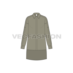 A vector illustrator template for Women's Shirt with Extended Back. It is a slightly A-line cut shirt, with an extended long back. The sleeves have cut panels with Kimono Sleeve detailing.