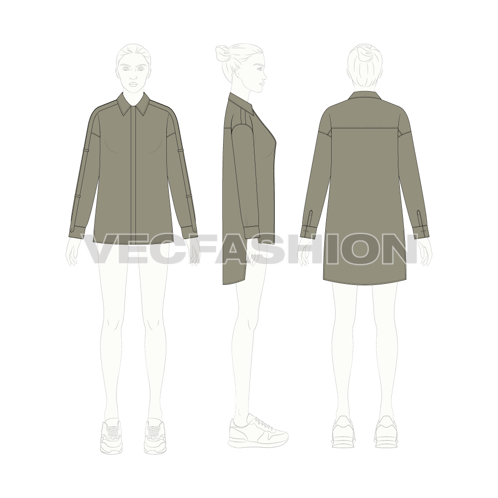Womens shirt with extended back flat sketch, croqui sketch