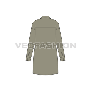 A vector illustrator template for Women's Shirt with Extended Back. It is a slightly A-line cut shirt, with an extended long back. The sleeves have cut panels with Kimono Sleeve detailing.