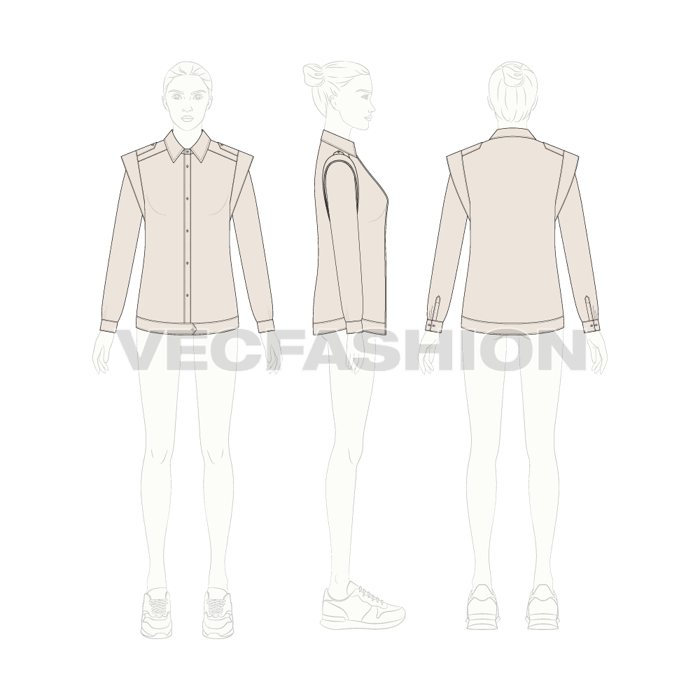 Womens shirt with extended shoulders flat sketch, croqui sketch