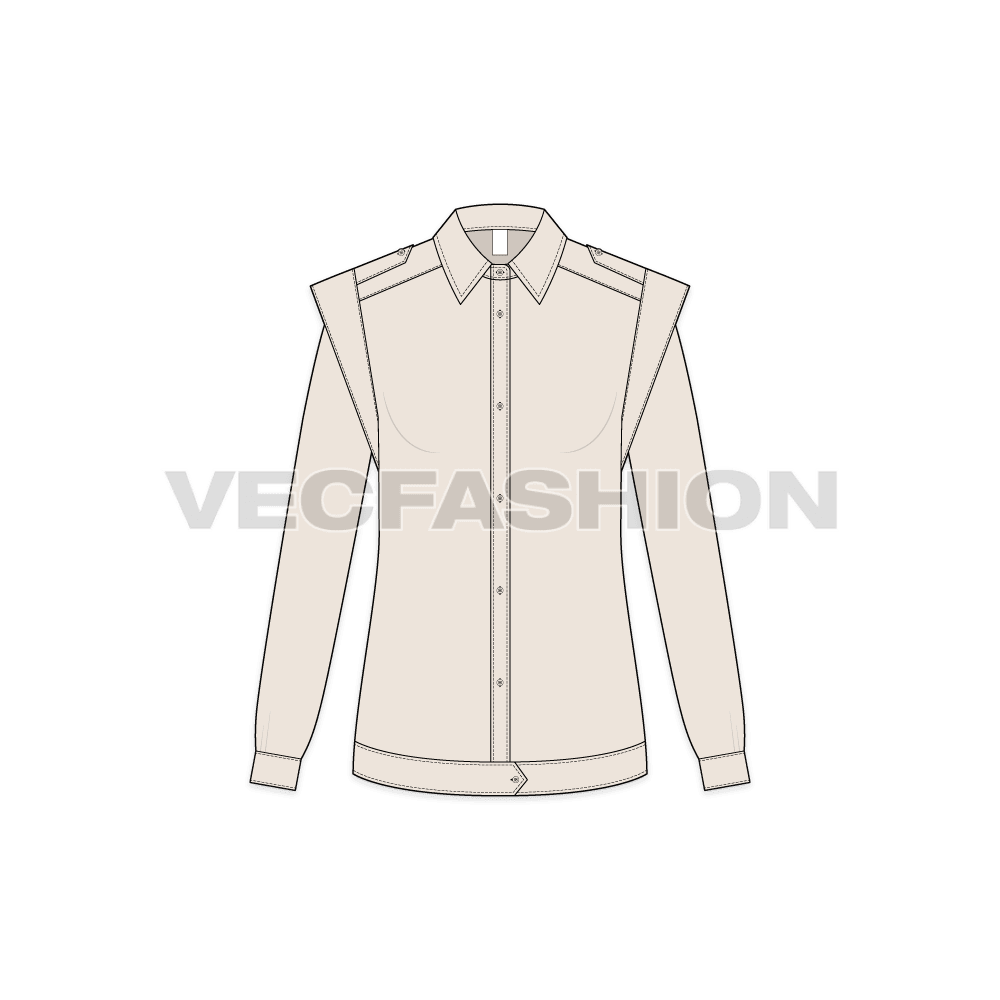 Womens shirt with extended shoulders flat sketch, front view