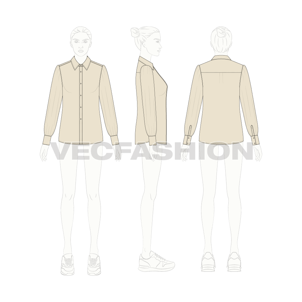 Womens shirt with gathered sleeves flat sketch, croqui sketch