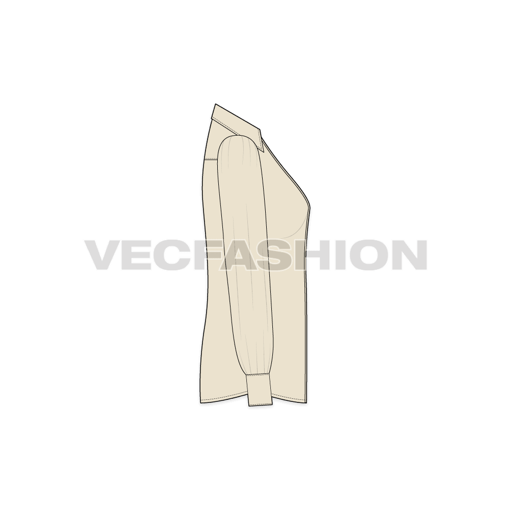 Womens shirt with gathered sleeves flat sketch, side view