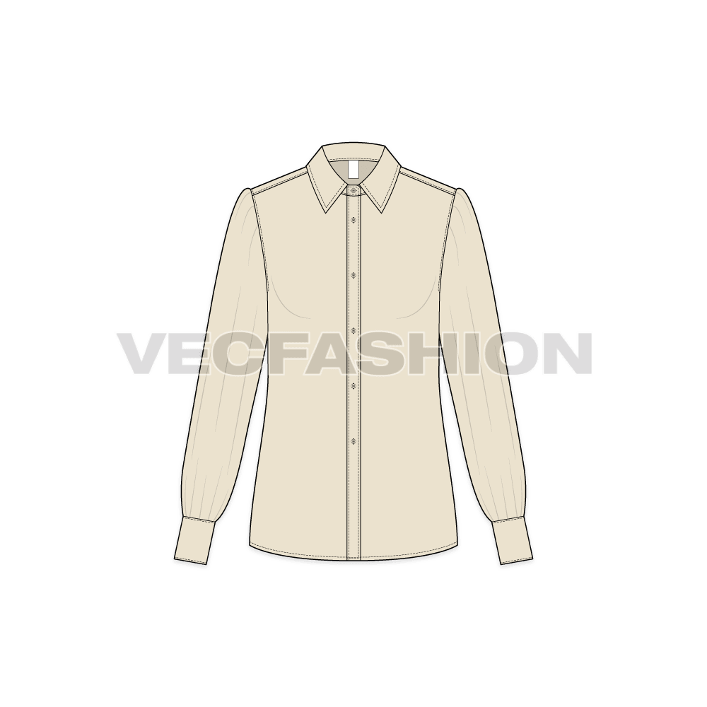 Womens shirt with gathered sleeves flat sketch, front view