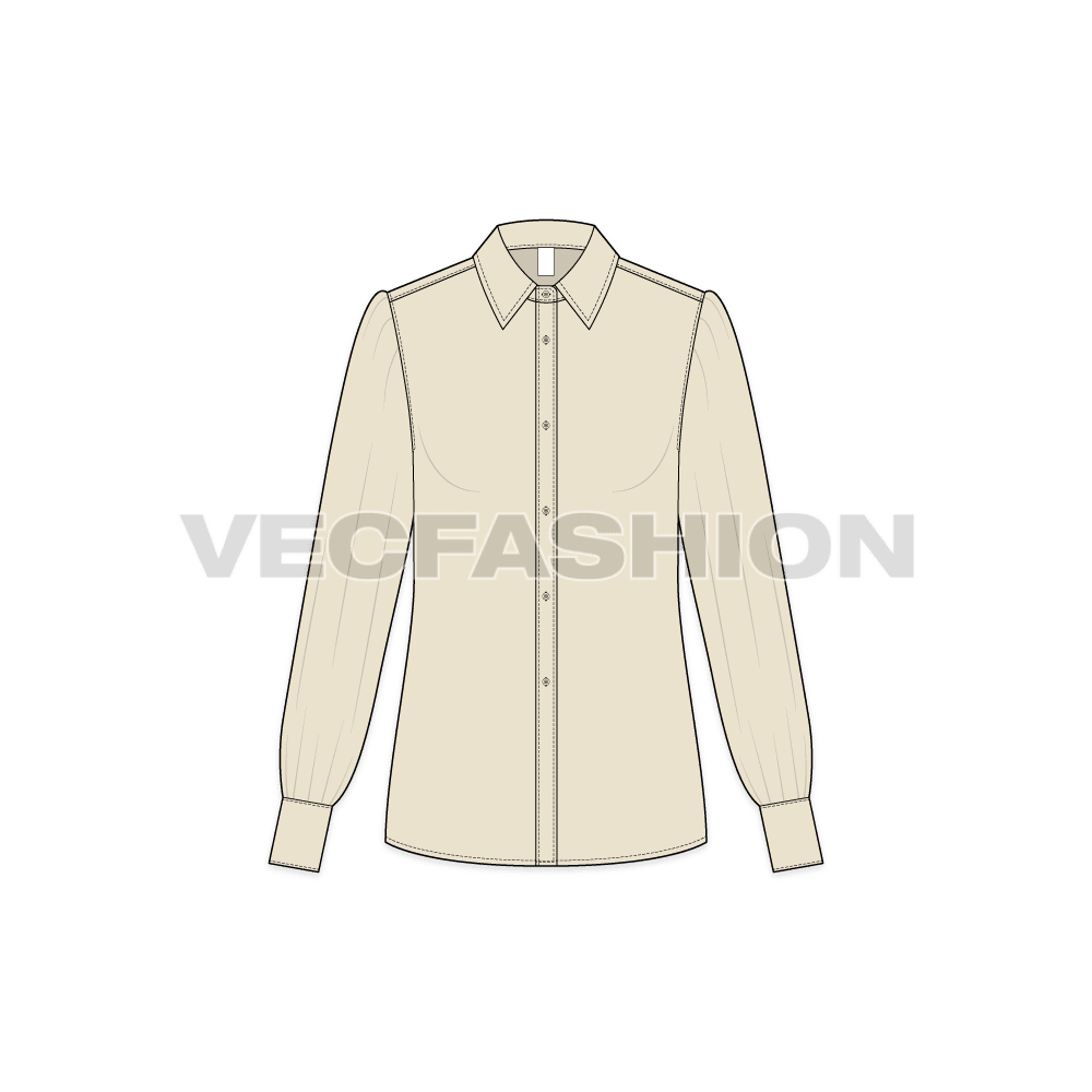 A vector fashion template for Women's Shirt with Gathered Sleeves. It has a standard shirt collar with gathers on sleeve head and cuff side. The cuffs are slightly longer than usual and it is a front open shirt vector sketch.