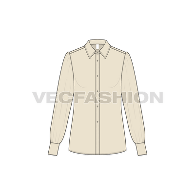 A vector fashion template for Women's Shirt with Gathered Sleeves. It has a standard shirt collar with gathers on sleeve head and cuff side. The cuffs are slightly longer than usual and it is a front open shirt vector sketch.