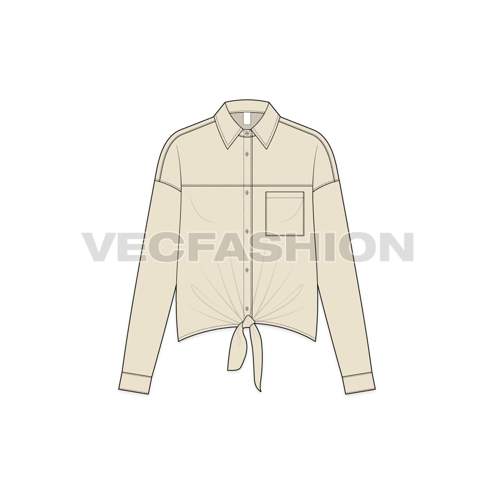 Womens shirt with tie knot flat sketch, front view