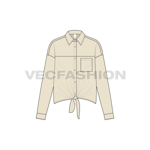 A vector illustrator template for Women's Shirt with Tie Knot. It is a drop shoulder shirt with yoke on front. There is pocket on left chest and Knot detailing at the hem.