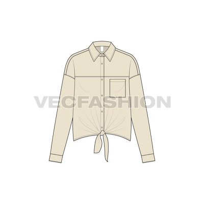 A vector illustrator template for Women's Shirt with Tie Knot. It is a drop shoulder shirt with yoke on front. There is pocket on left chest and Knot detailing at the hem.