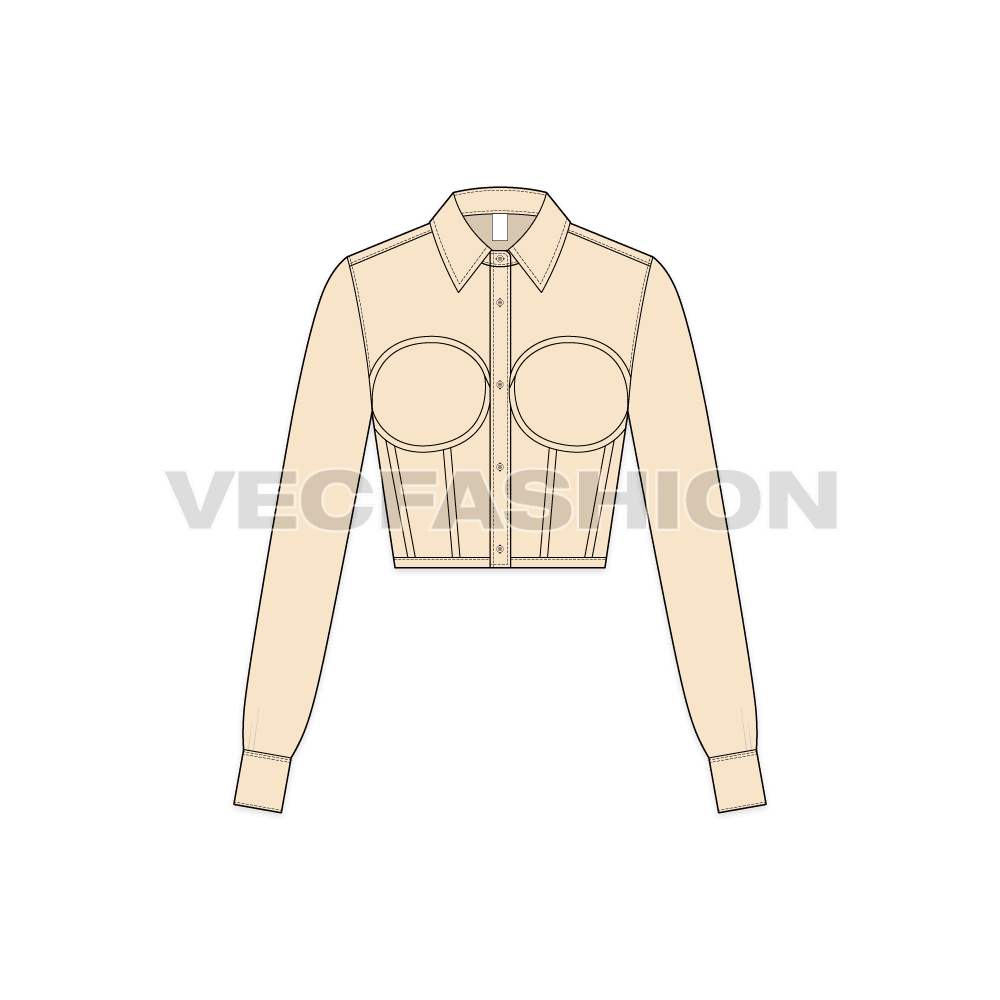 Womens shirt with under layer corset flat sketch, front view