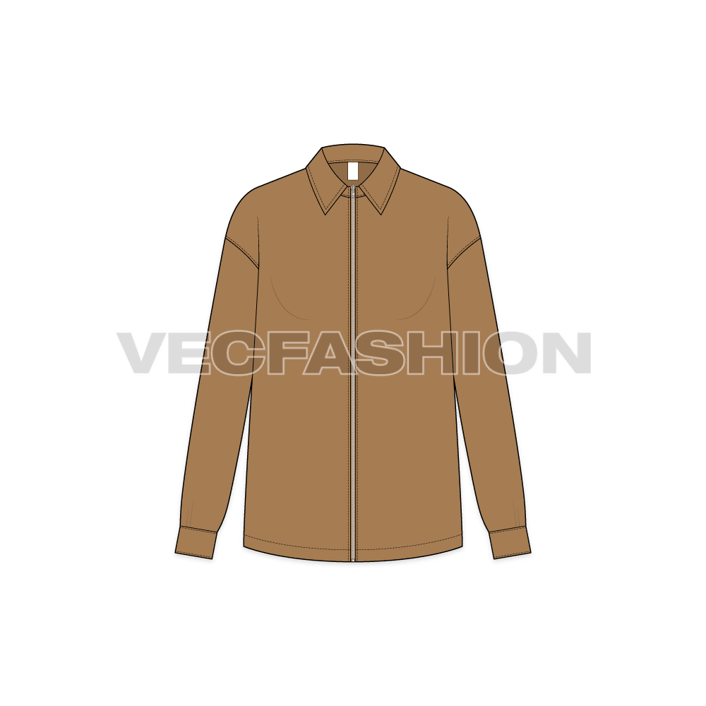 Womens shirt with zip front flat sketch, front view
