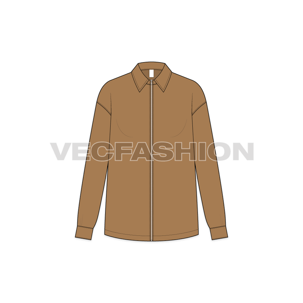 A vector illustrator template for Women's Shirt with Zip Front. It is a long sleeve shirt with lose body cut style with metal surface zipper on center front.