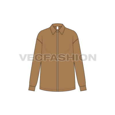 A vector illustrator template for Women's Shirt with Zip Front. It is a long sleeve shirt with lose body cut style with metal surface zipper on center front.