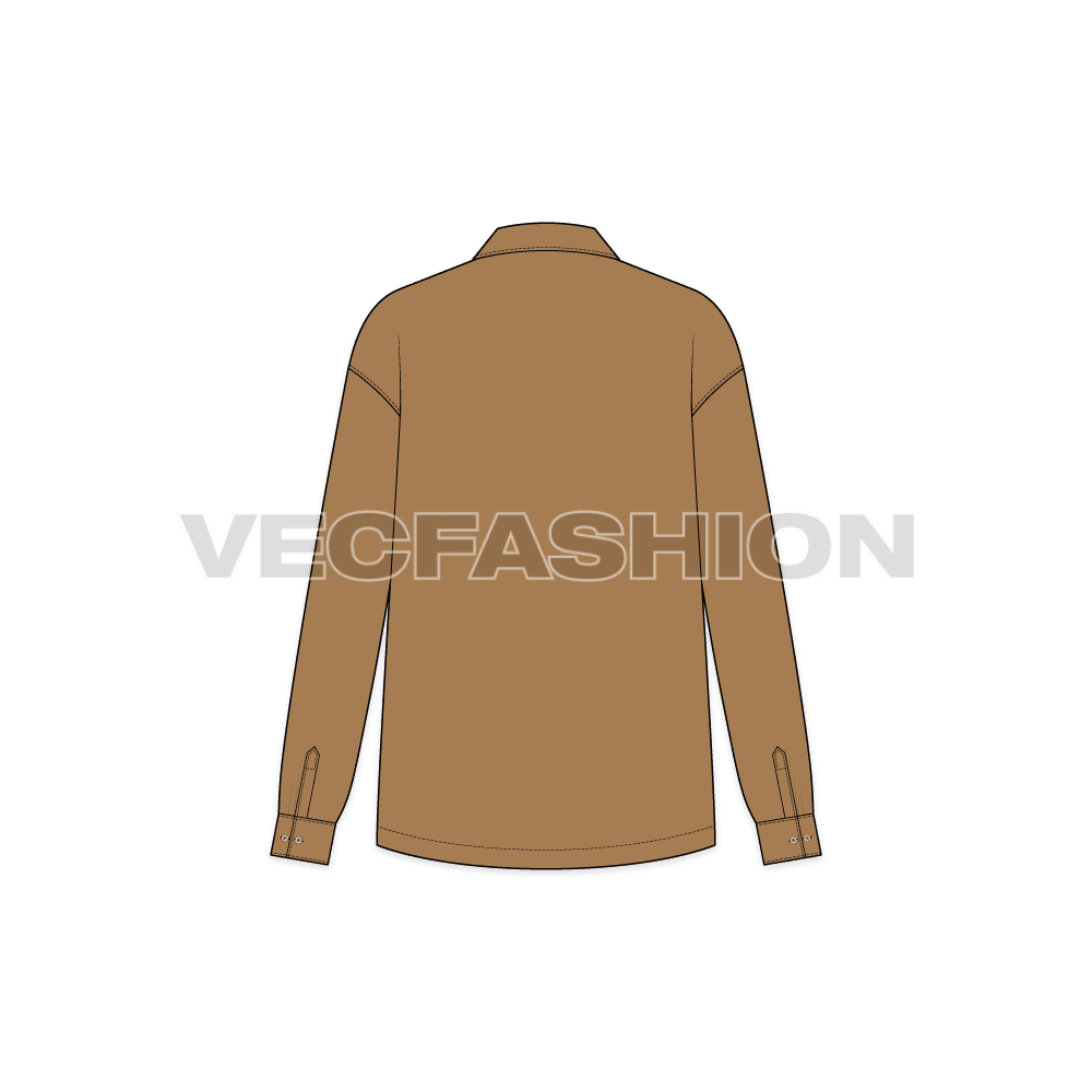 A vector illustrator template for Women's Shirt with Zip Front. It is a long sleeve shirt with lose body cut style with metal surface zipper on center front.