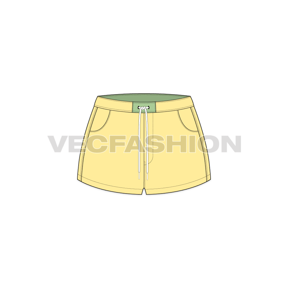 Womens short body beach shorts flat sketch, front view