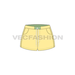 A detailed vector fashion flat for Women's Short Body Beach Shorts. It is rendered in pale yellow color with contrast colored trims.
