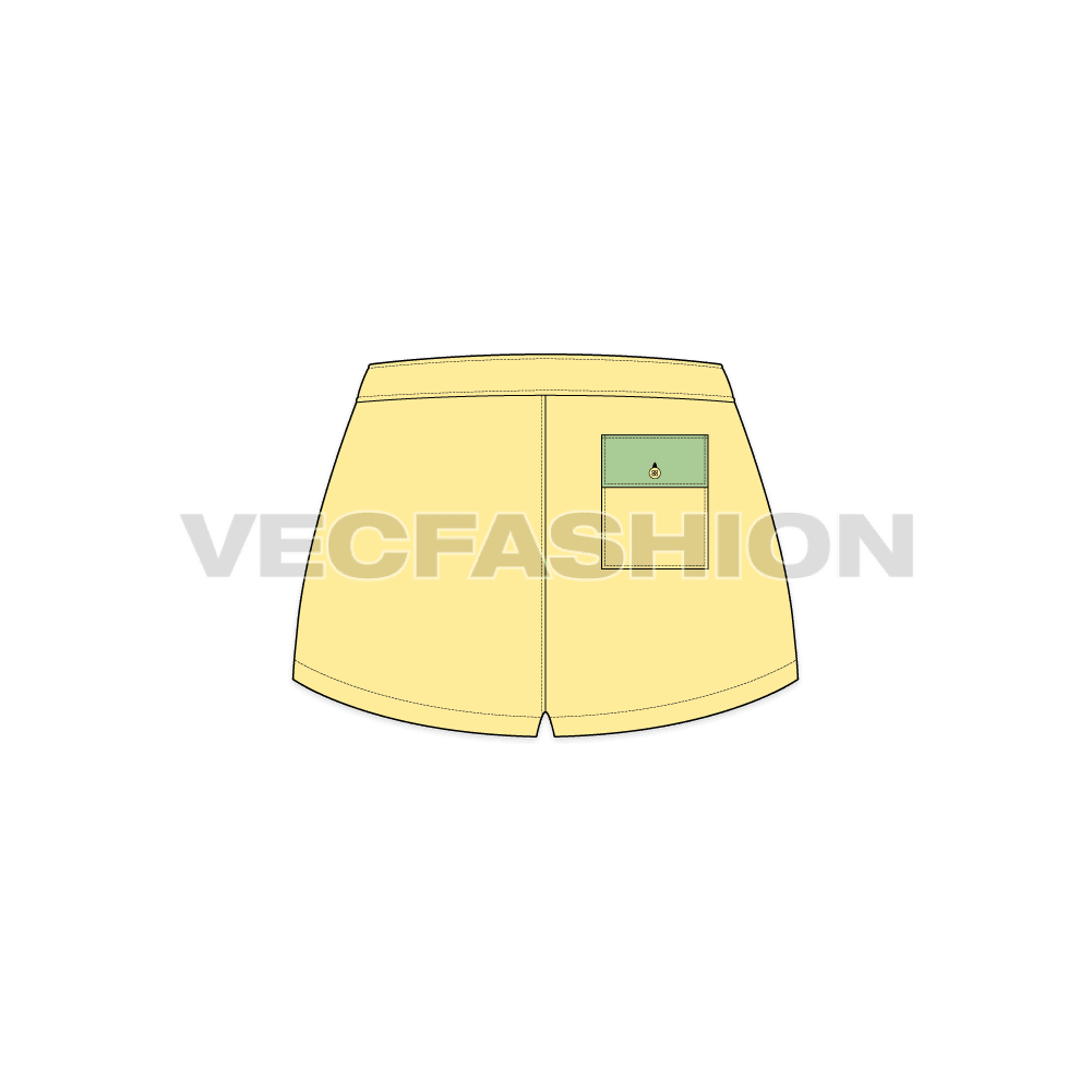 Womens short body beach shorts flat sketch, back view